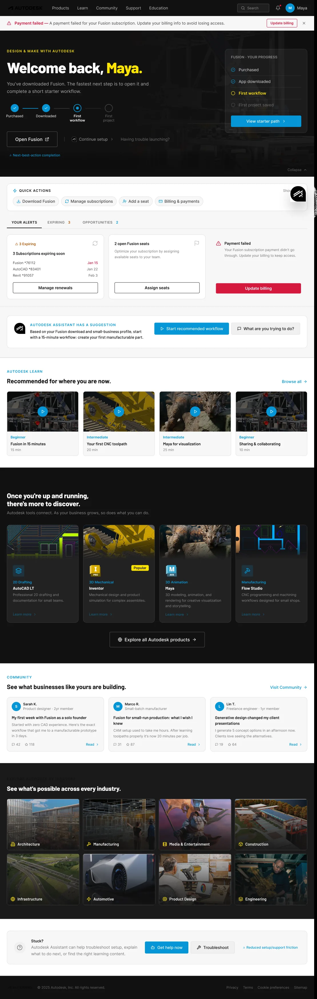 Account 3.0 homepage concept welcoming a Fusion customer with guided setup, alerts, learning, community, and industry content.