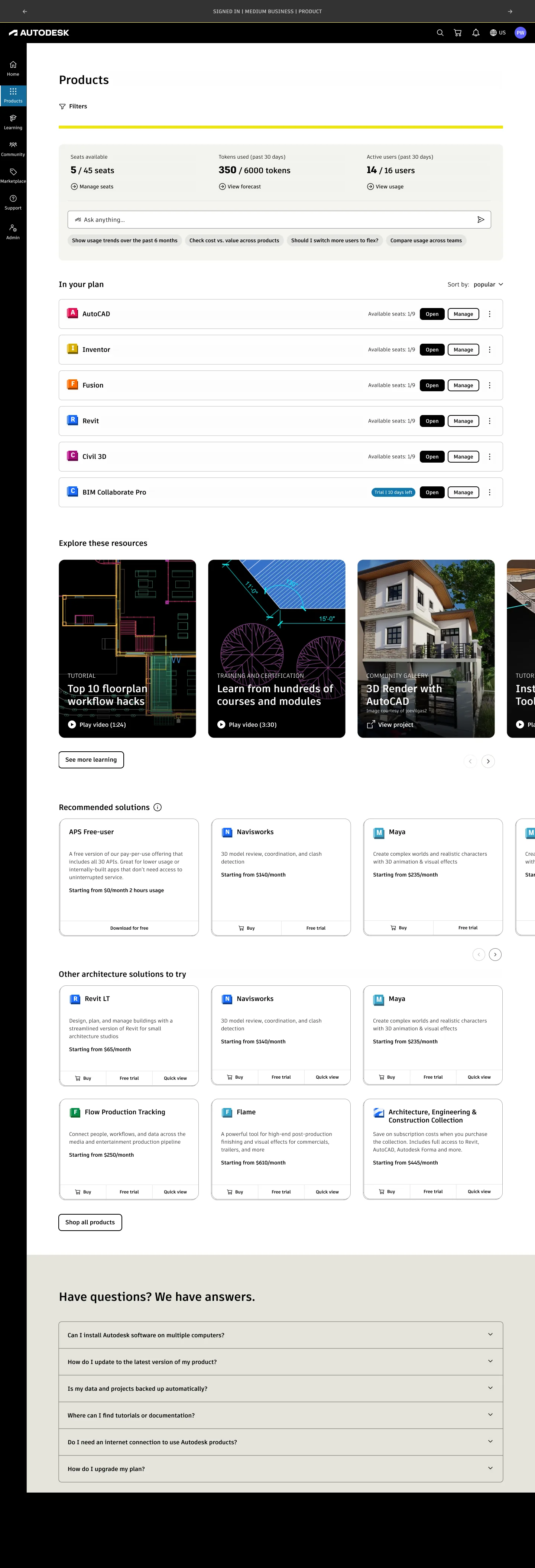 Account 3.0 products page concept showing seat and token usage, an AI prompt, owned products, resources, and recommended solutions.