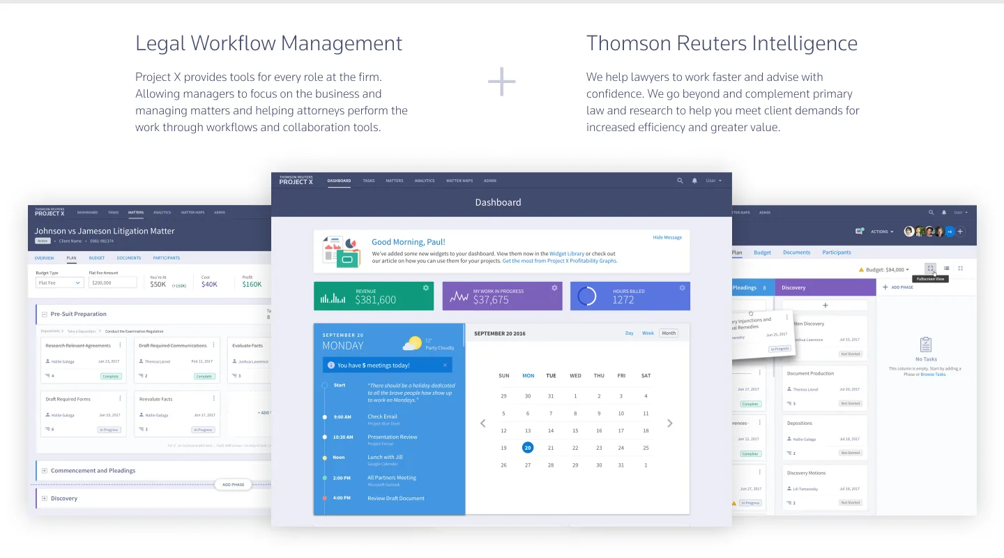 Legal workflow management and Thomson Reuters Intelligence shown as a connected platform.