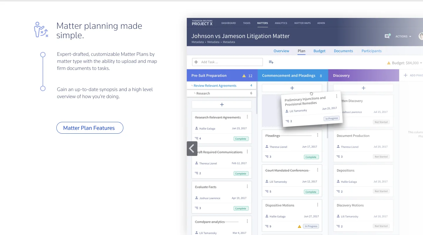 Project X matter planning interface with customizable plans, phases, and tasks.