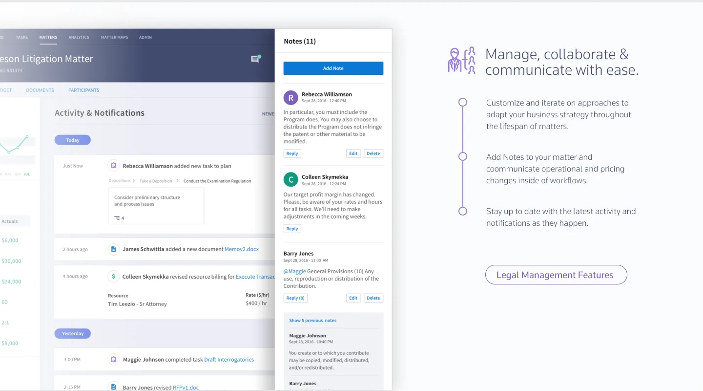 Project X activity and notes interface supporting legal matter collaboration.