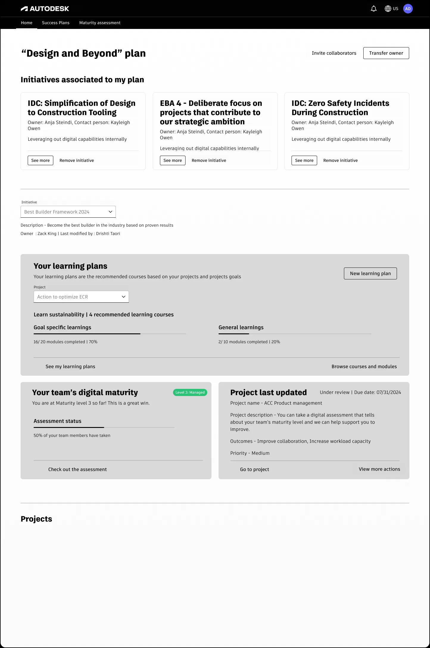 Low-fidelity Success Offerings concept showing a customer success plan with initiatives, learning plans, digital maturity, and project status