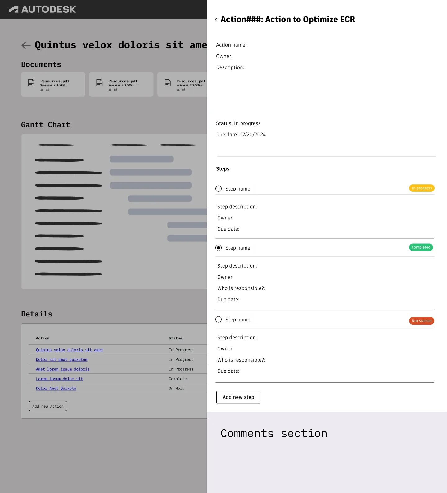 Low-fidelity action-management panel showing action details, status, due dates, steps, and comments within a customer success plan