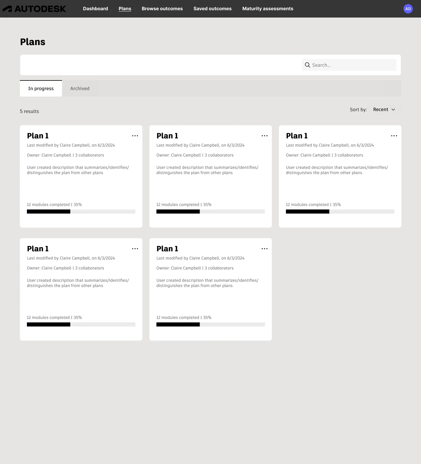 Low-fidelity Success Plans listing page with search, status filters, plan cards, collaborators, and completion progress