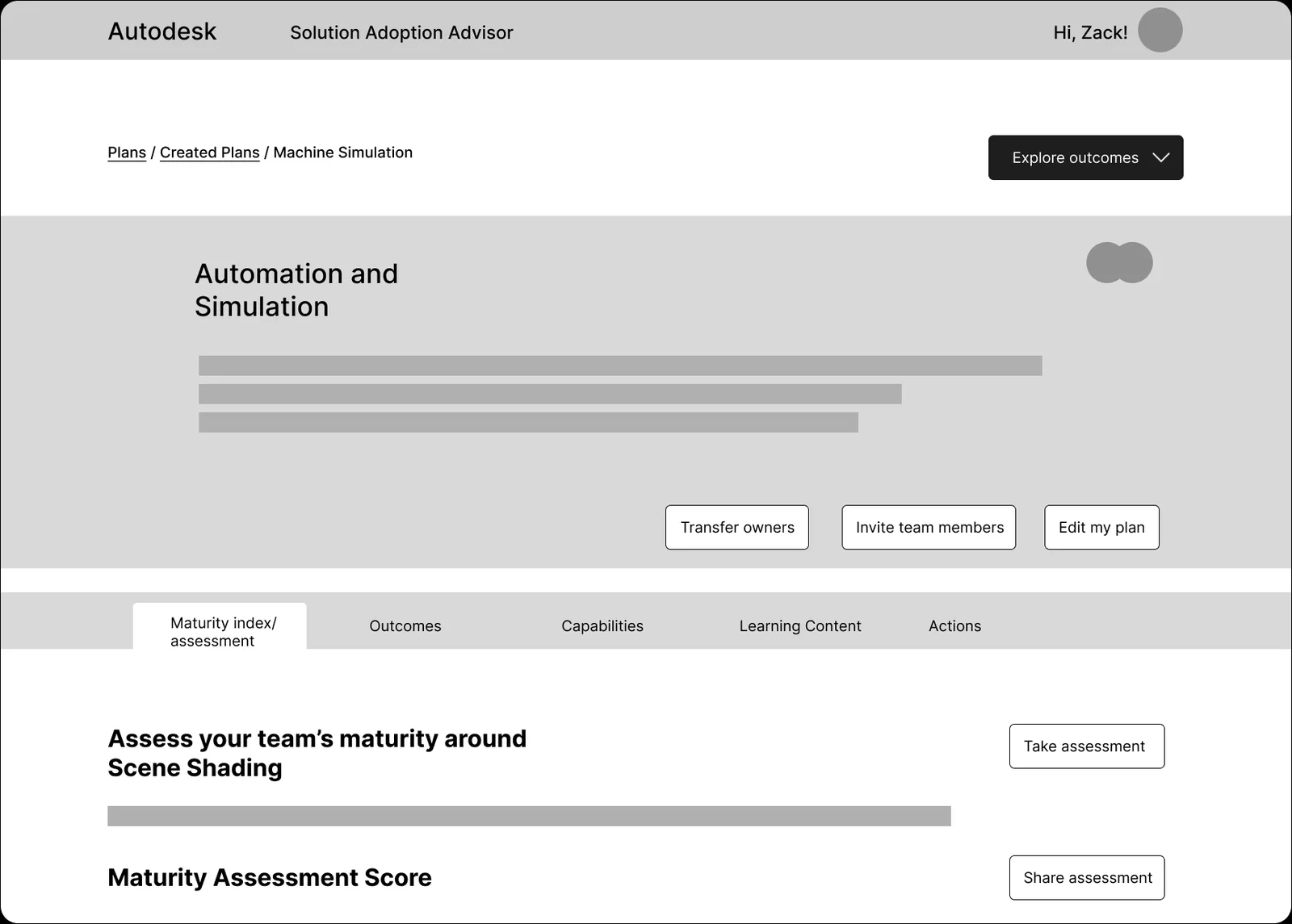 Low-fidelity Solution Adoption Advisor concept showing a plan header, team maturity assessment, outcomes, capabilities, learning content, and actions