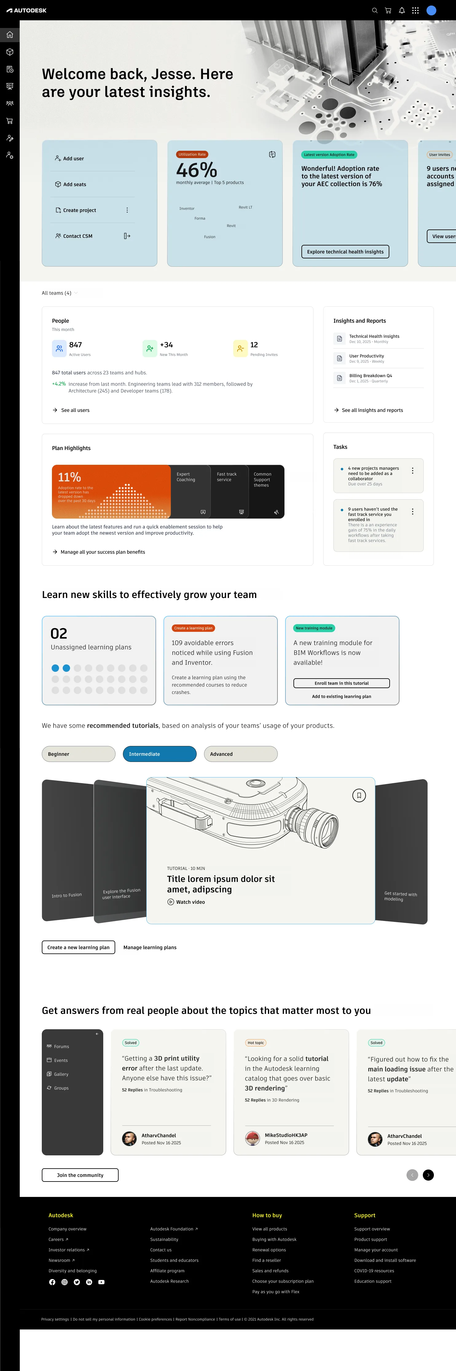 High-fidelity Autodesk signed-in homepage showing customer insights, user and spend summaries, success-plan highlights, learning recommendations, and community content