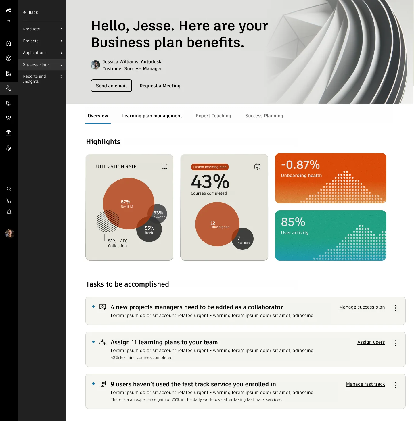 High-fidelity Autodesk Business Plan overview showing customer success manager access, utilization, learning progress, onboarding health, user activity, and prioritized tasks