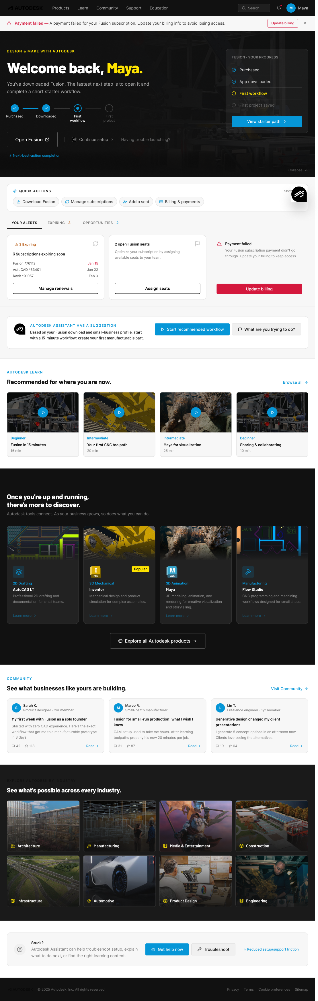 Account 3.0 homepage concept welcoming a Fusion customer with guided setup, alerts, learning, community, and industry content.