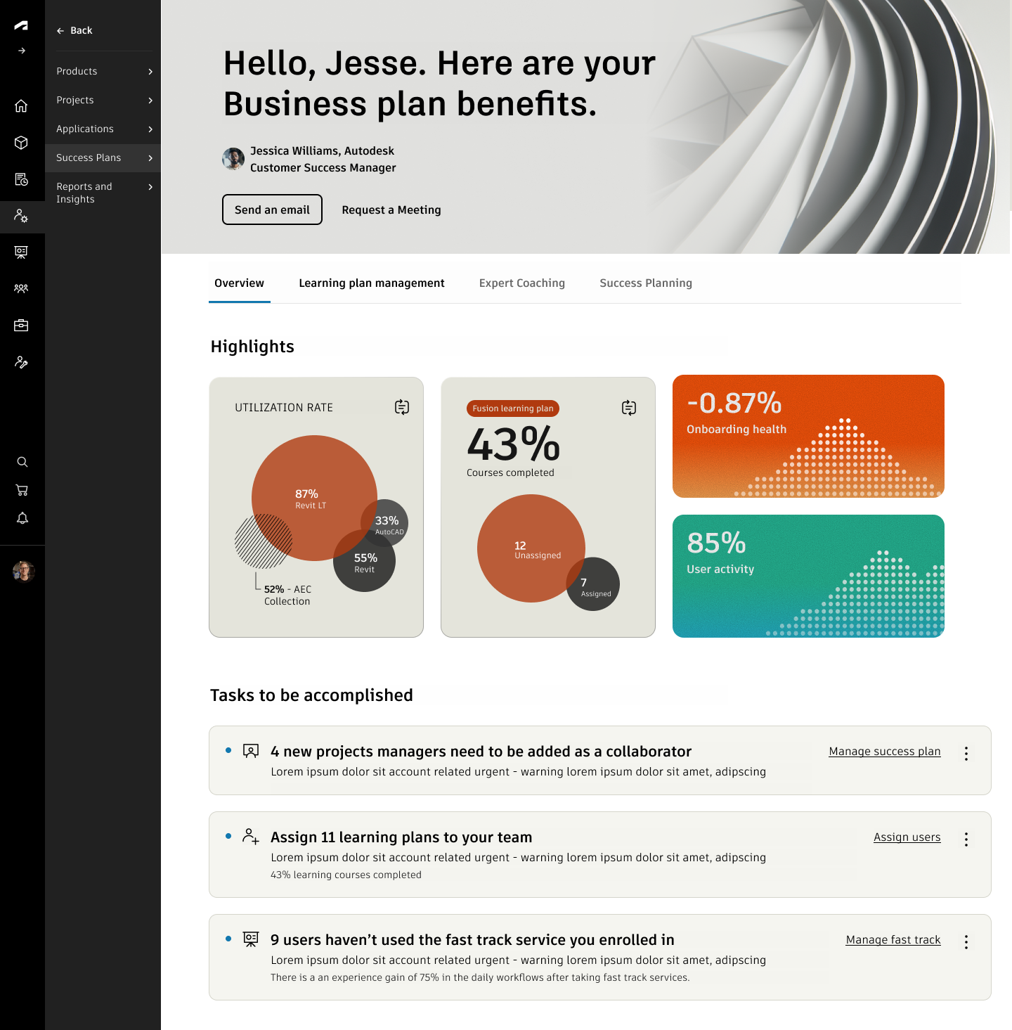 High-fidelity Autodesk Business Plan overview showing customer success manager access, utilization, learning progress, onboarding health, user activity, and prioritized tasks
